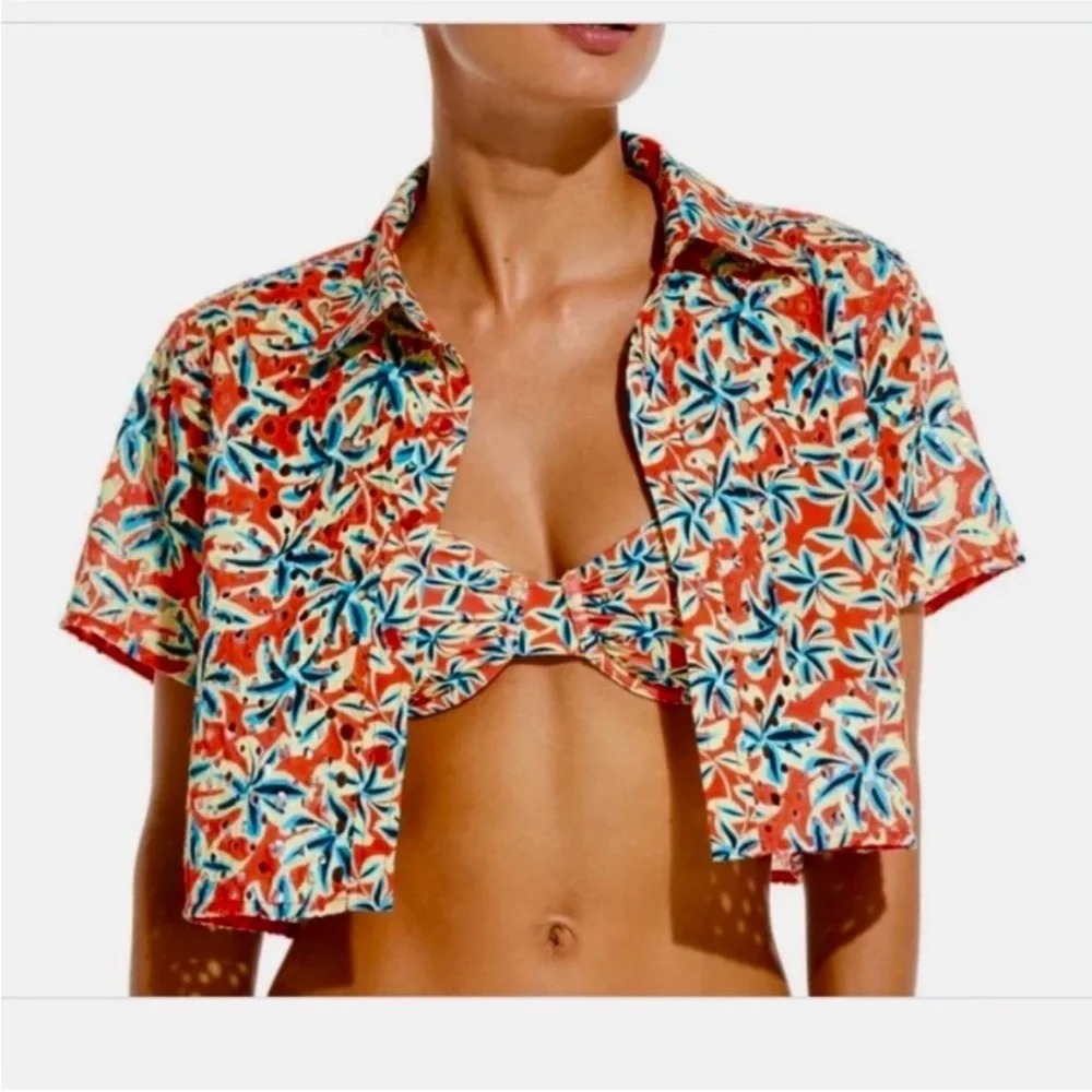 Solid & Striped The Cropped Cabana Eyelet Floral DAZE Print Coral Orange NWT MED - Picture 11 of 11